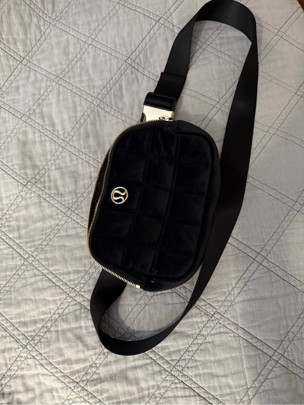 Lululemon Black Quilted Velvet Crossbody Bag with Gold Accents